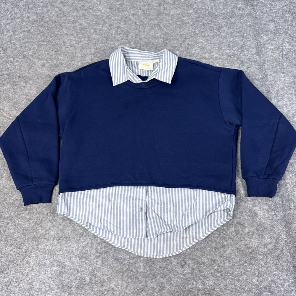 Anthropologie Maeve Oversize Sweatshirt Blue Button Layered Minimalist Pullover